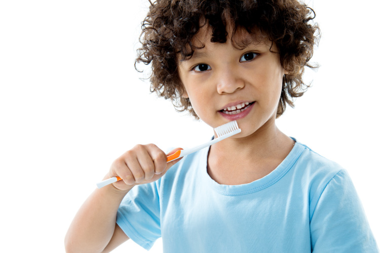 Dark-haired boy brushes his baby teeth with a toothbrush while wearing a blue shirt against a white background