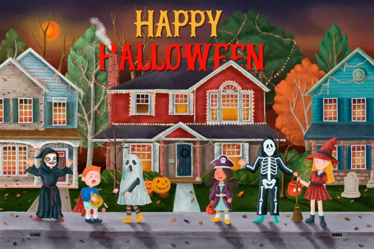 Cartoon image of kids dressed in Halloween costumes trick or treating for candy at 3 homes in their Tyler neighborhood