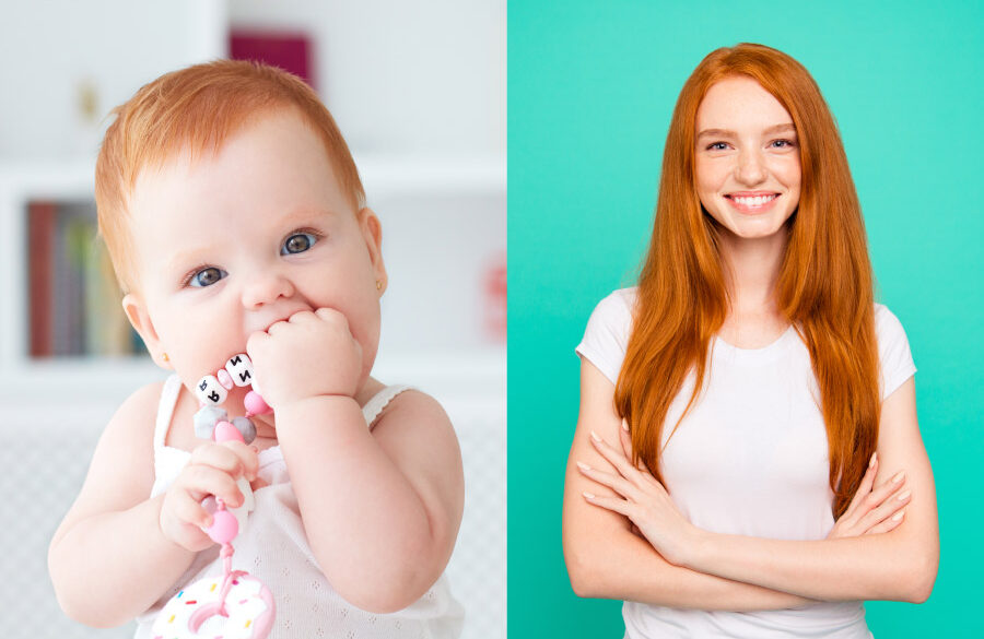 Redhead baby girl teething next to a redhead teenage girl to indicate the range of pediatric dental care in Tyler, TX