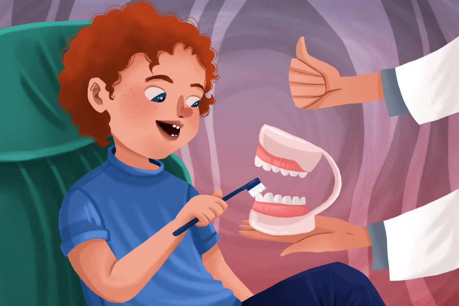 Drawing of a redheaded boy brushing the teeth of a mouth model