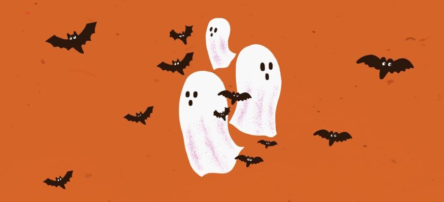 White ghosts and black bats float on an orange background for Halloween